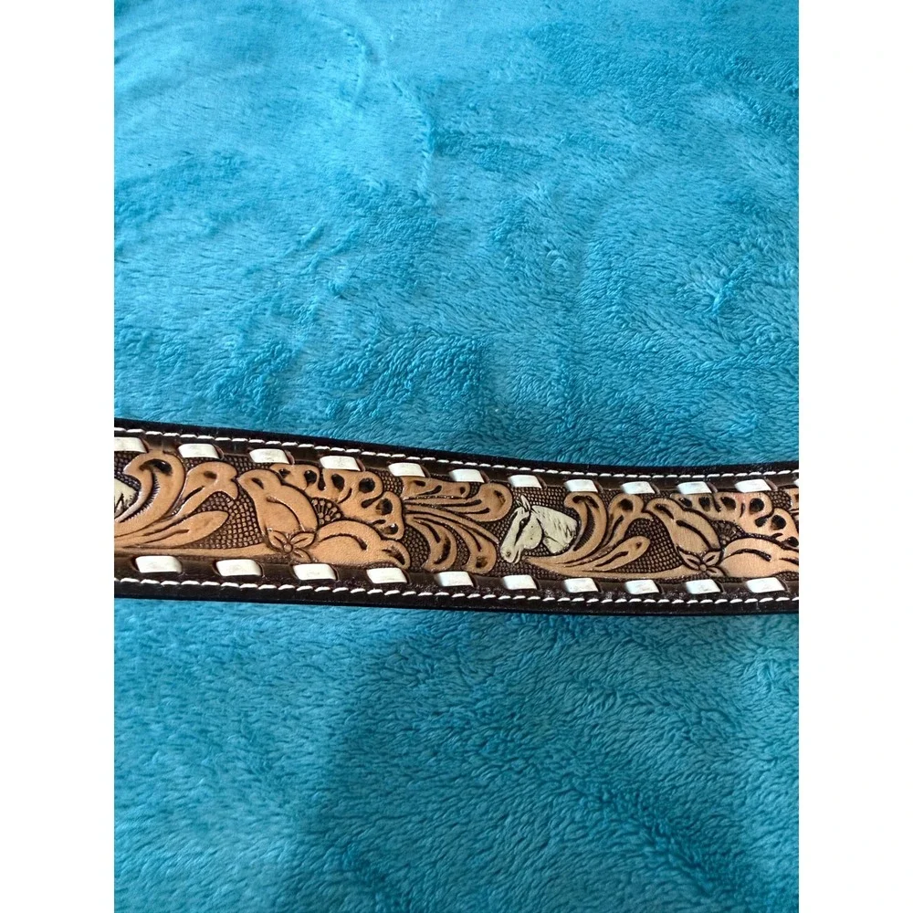 Ranch Pal Mens 36 Western Tooled Leather Belt Horse Floral Whipstitch Brown 8529